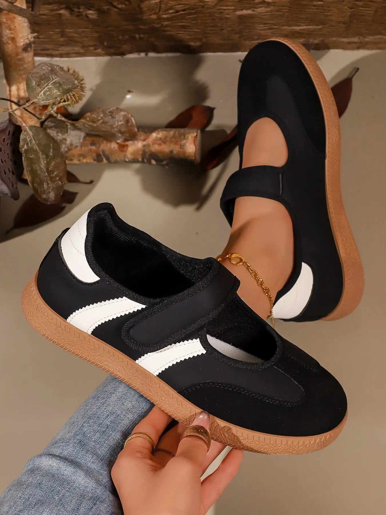 Women Two Tone Patchwork Mary Jane Style Sneakers, Hook and Loop Strap Flat Casual Shoes, Striped Gum Sole, Plus Size Footwear, Adjustable Mary Janes