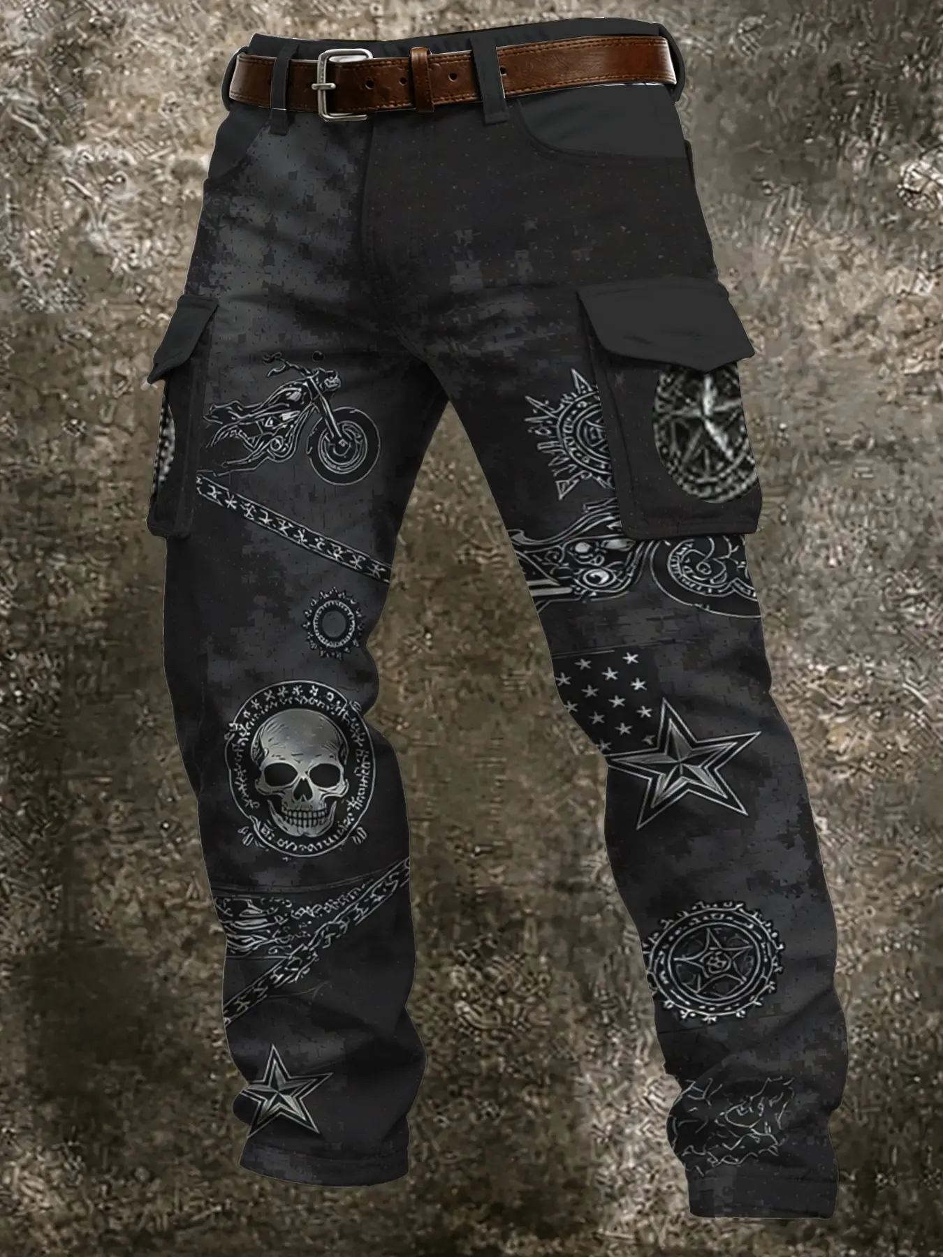 Men's Dark Motorcycle Style Skull Print Cargo Pants, Multi-Pocket Straight Leg Casual Long Pants, American Vintage Street Riding Men's Pants