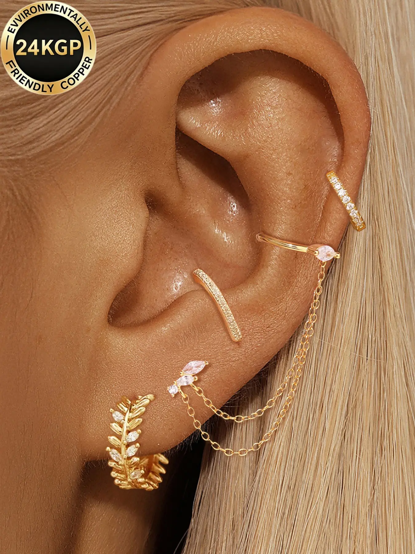 4Pcs Unique 24K Gold Plated Cubic Zirconia Cuff Earrings Set For Women Zircon Hoop Earrings Pack Stud Earrings Stack