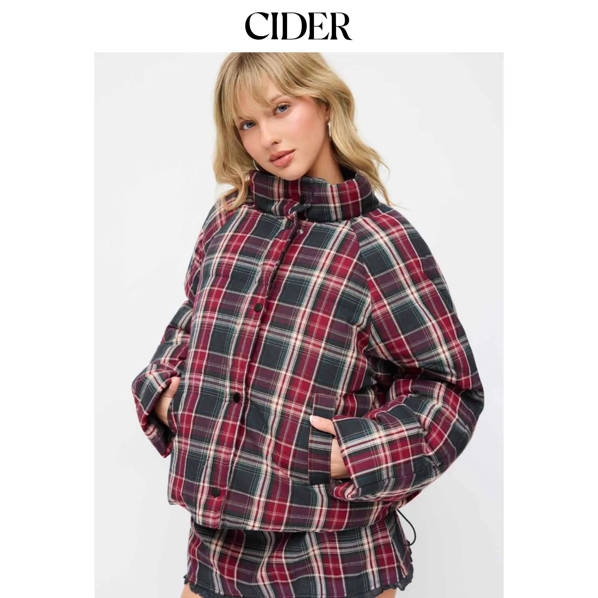 Cider Plaid Stand Collar Drawstring Pocket Puffer Jacket SohoChic