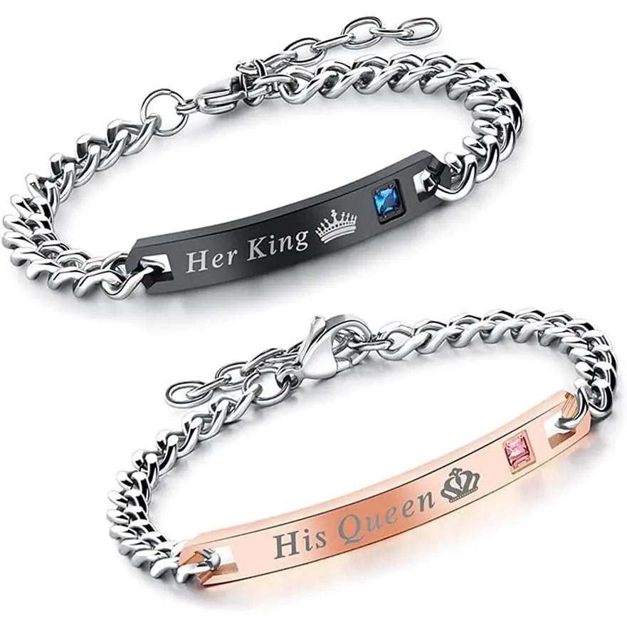 2 count  and  Matching Set His Hers Couples Bracelets Cubic Zirconia Bracelets Link Chain Crown Bracelets   for Lover Anniversary Promise Bracelet for Men Women, Style 1