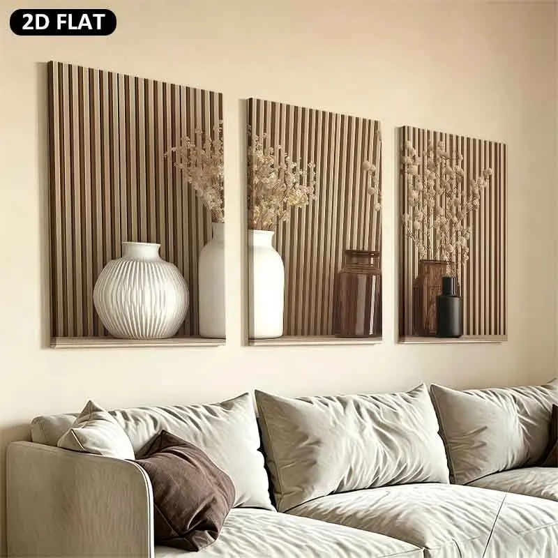 2D Flat, Three Framed Decorative Artworks And Wooden Frame Posters, Picture Image Prints, Are Not 3D, Modern canvas home wall decoration, Wall Decor Pictures, Flowers, vase, shelf Living Room Bedroom Mural Poster Decoration