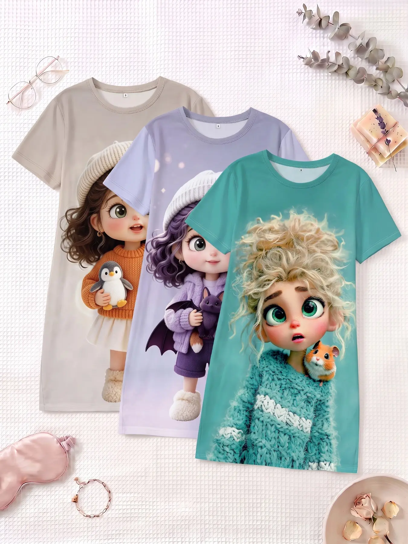 3-Piece Set Cute Doll Print Nightgowns, Short Sleeve Round Neck Women's Pajamas, Loose-Fit Home Wear for Spring Summer Fall
