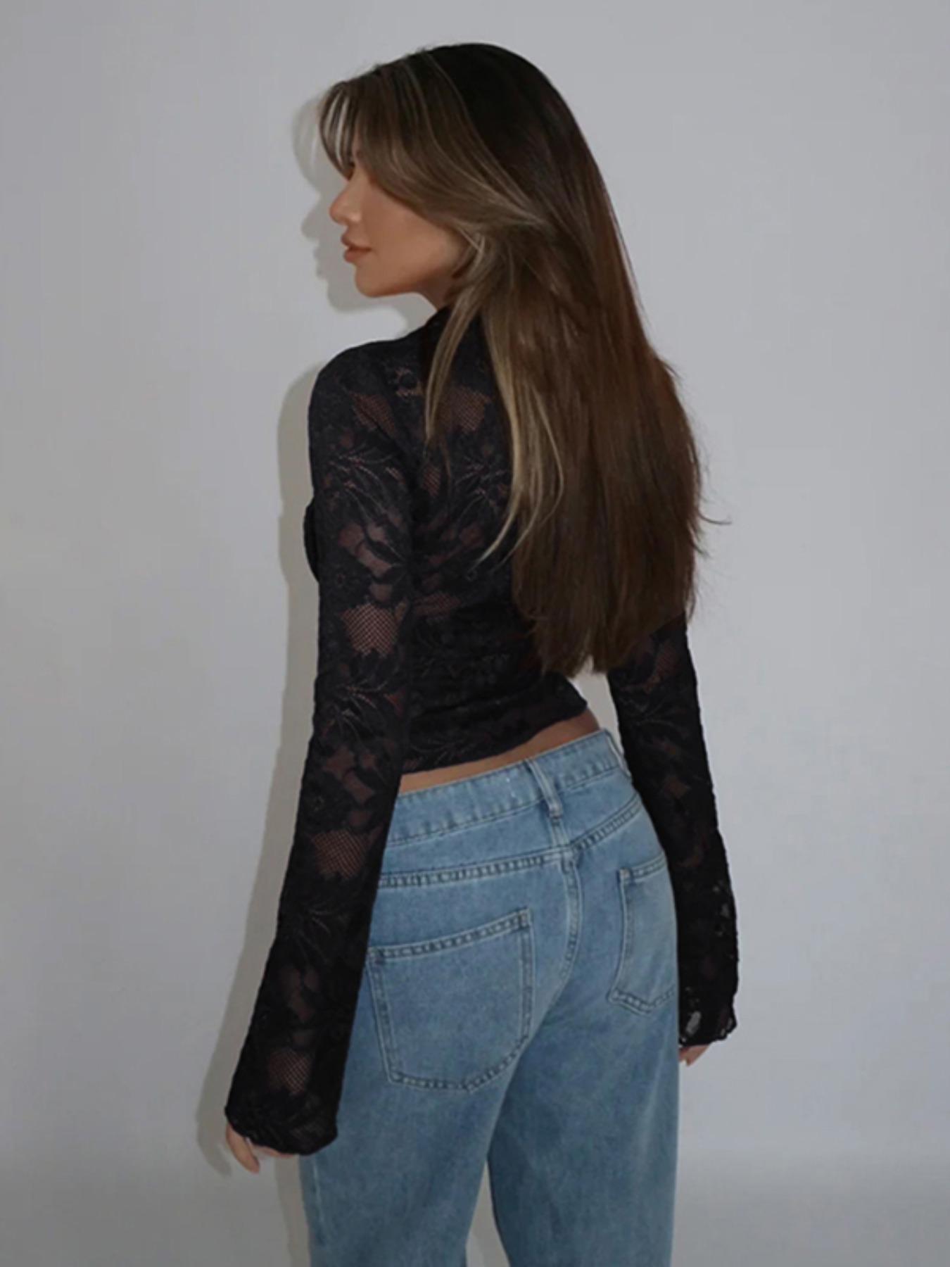 Women's Plain Lace Top, Elegant Long Sleeve V Neck Top for Spring, Women's Clothing for Daily Wear