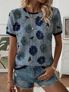 Elegant Women's Bee Flower Print Round Neck Sweater, Casual Short Sleeve Knit Top, Breathable Fashion, Colorblock Design, All-Season Wear