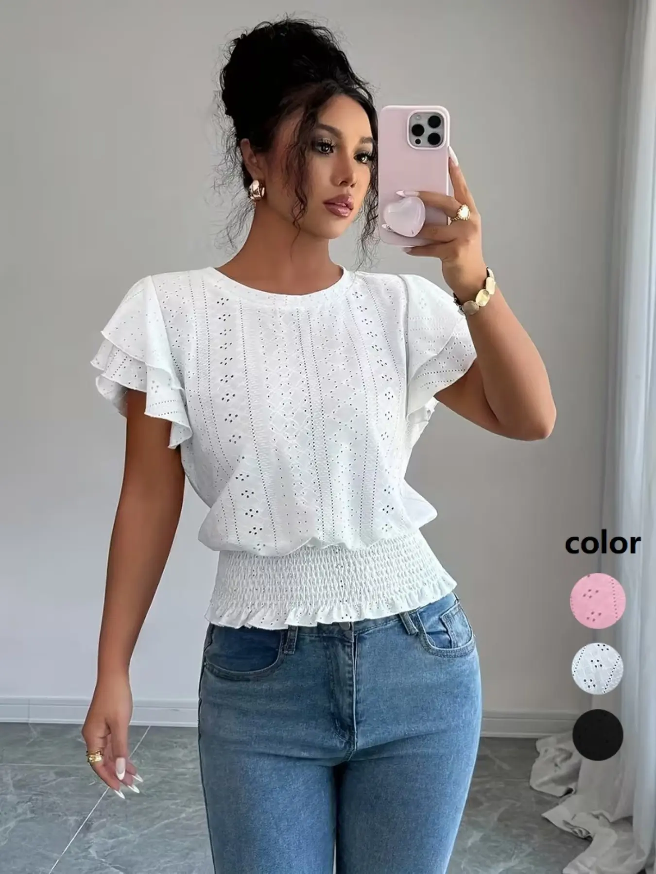 Summer Women's Elegant Casual Ruffle Vacation Round Neck Short Sleeve T-Shirt Top, Perfect for Work, Home, Dates, Valentine's Night