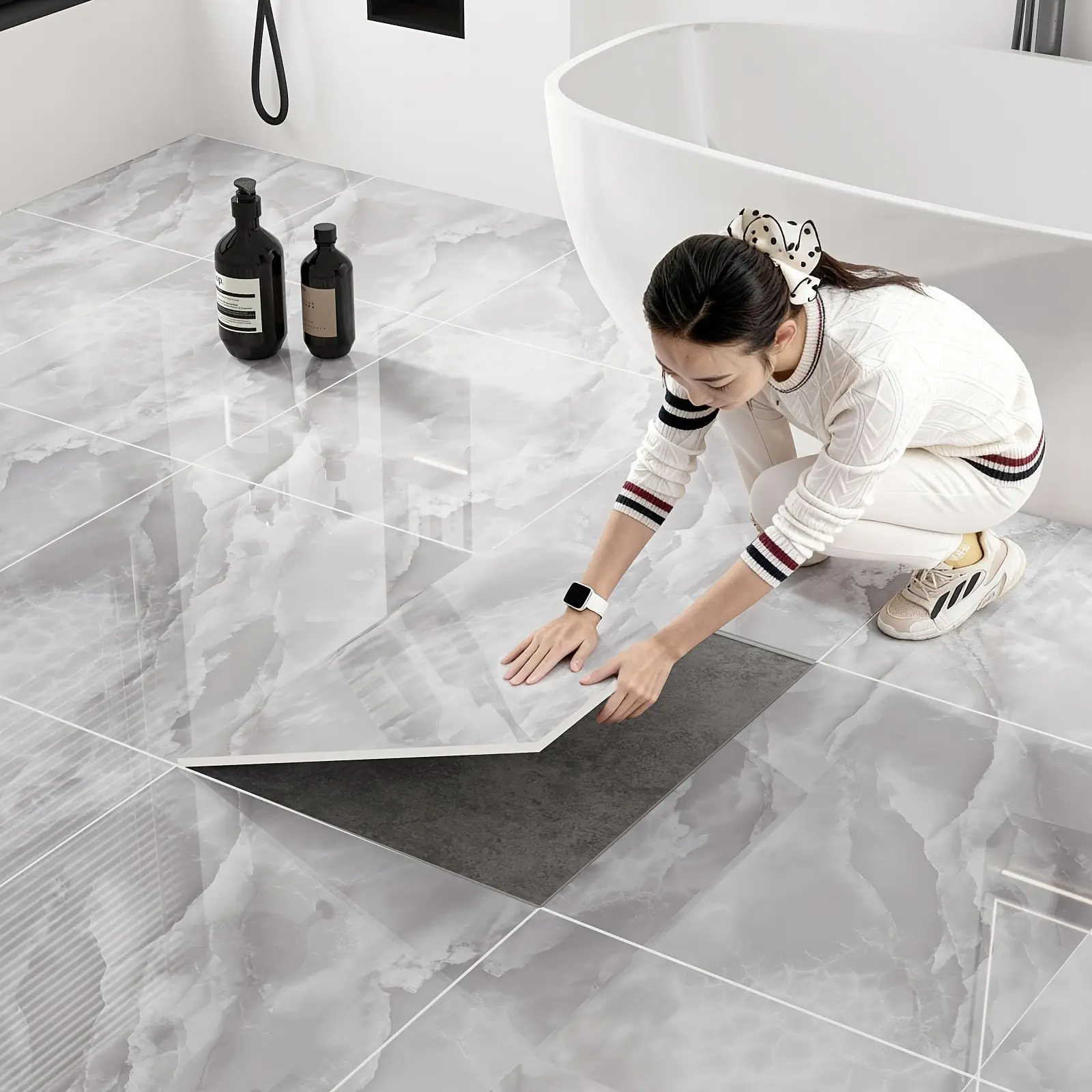 16/32 Pieces Tile Look Floor Stickers, 11.81x11.81 Inches, Easy Clean, Self-Adhesive, Removable, for Bathroom, Kitchen, Bedroom, Office, Tile Decal Set