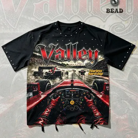 Red racing car cockpit pattern studded hem short cotton T-shirt, Apparel T shirt, men's short sleeves with red Valley retro calligraphy English metal stud trim, loose fit, crew neck, Classic casual street style, versatile, unisex Y2K style, Streetwear