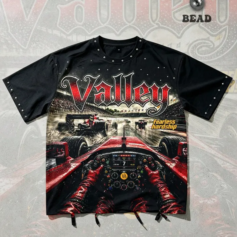 Red racing car cockpit pattern studded hem short cotton T-shirt, Apparel T shirt, men's short sleeves with red Valley retro calligraphy English metal stud trim, loose fit, crew neck, Classic casual street style, versatile, unisex Y2K style, Streetwear
