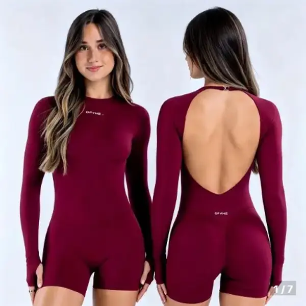 Women's Athleisure Jumpsuit - 4-Way Stretch Matte Nylon-Spandex, Smooth, Sun Protection, Adjustable Deep V Hollow Back, Compression Fit, 3D Contoured Butt-Lifting, Machine Wash, Wine Red, Ideal for Gym Workouts & Daily Errands