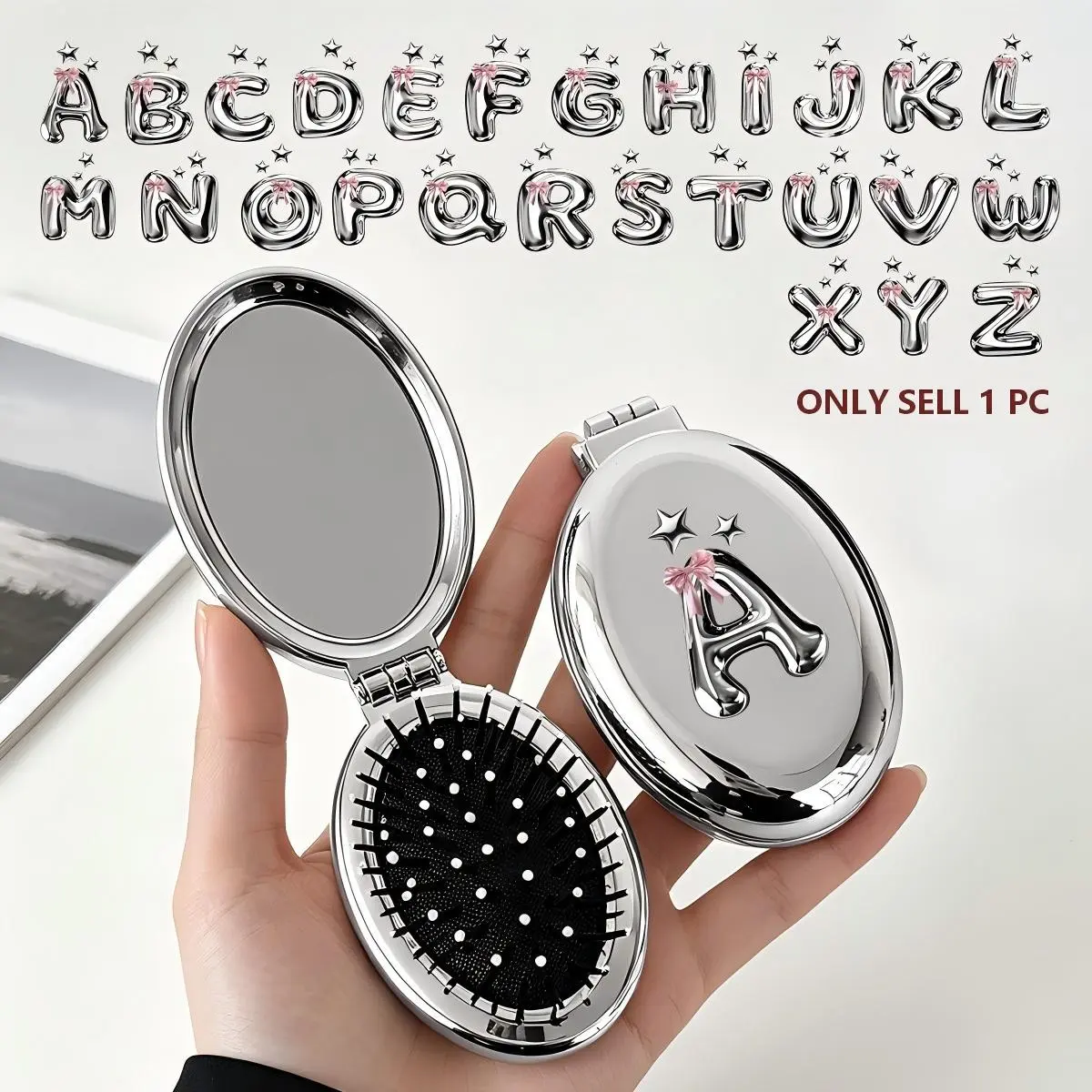 Foldable Massage Comb, Silver Color, Personalized Letters A-Z, Bow, Star Pattern, Portable Pocket Comb, Styling Comb, Ideal Gift for Women