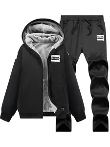 Thickened Hooded Long Sleeve Jacket with Letter Print, Elastic Waist Pants Set, Casual Fall & Winter, Women's Fashion