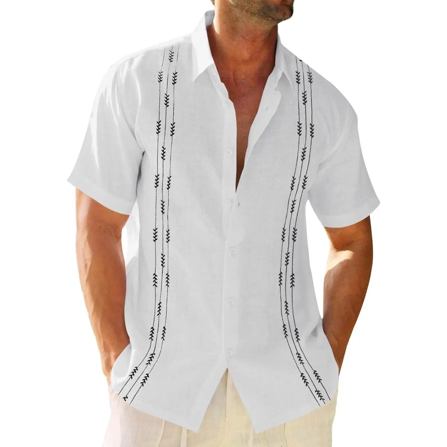 Men's Multi-Size Linen-Cotton Button-Down Shirt - Short-Sleeve Menswear for Summer Beach Leisure, Outdoor Recreation