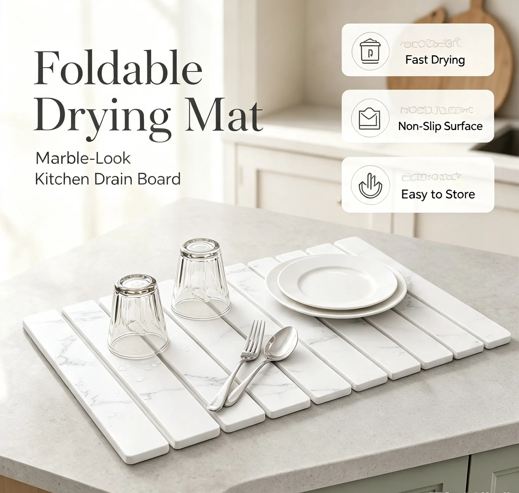 Diatomite Absorbent Mat, Sturdy Large Rectangular Kitchen Sink Counter Pad, Foldable Rollable Dish Drying Accessory with Coasters, Essential Kitchen Accessories