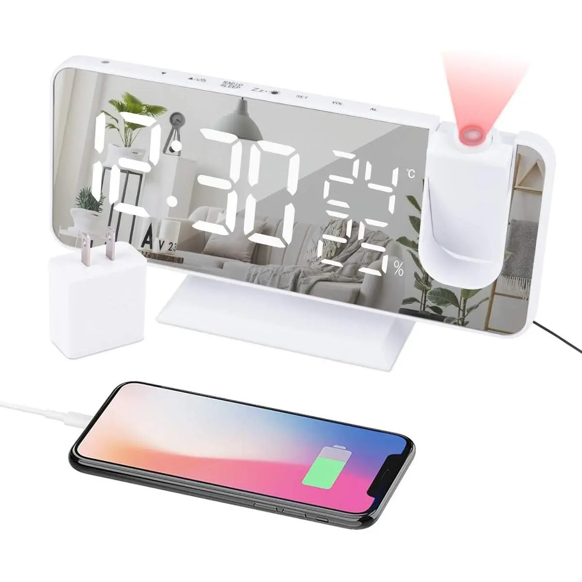 Projection  Clock for Bedroom Ceiling Digital Clock Radio with USB Charger Ports, 7.3" Large LED Screen, 4 Dimmer,   Clock with 2 Sounds, Snooze, White