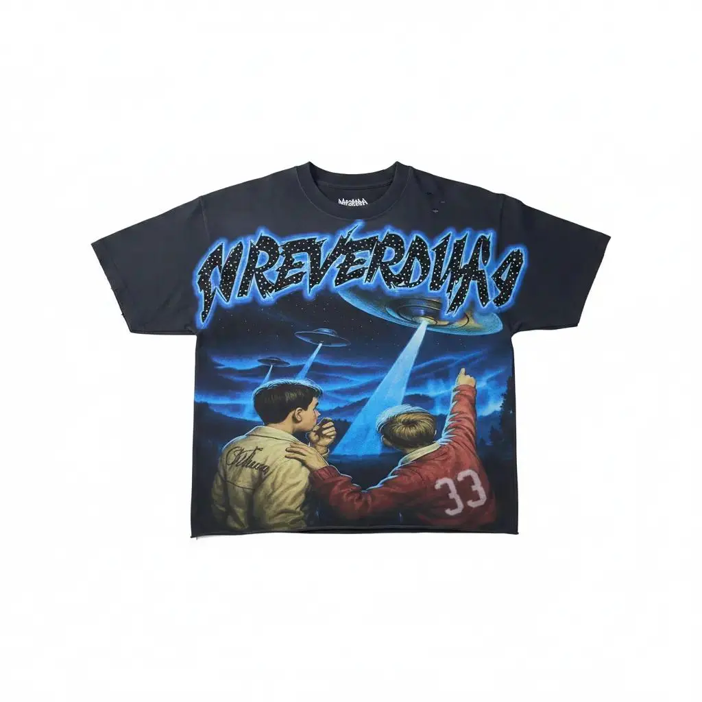 NEVERDIE UFO Graphic Short Sleeve T-Shirt 100% Cotton Loose Oversized Y2K Sci-Fi Vintage Wash Rhinestone Drop Shoulder Crew Neck Casual Summer Streetwear Top Men Women Unisex