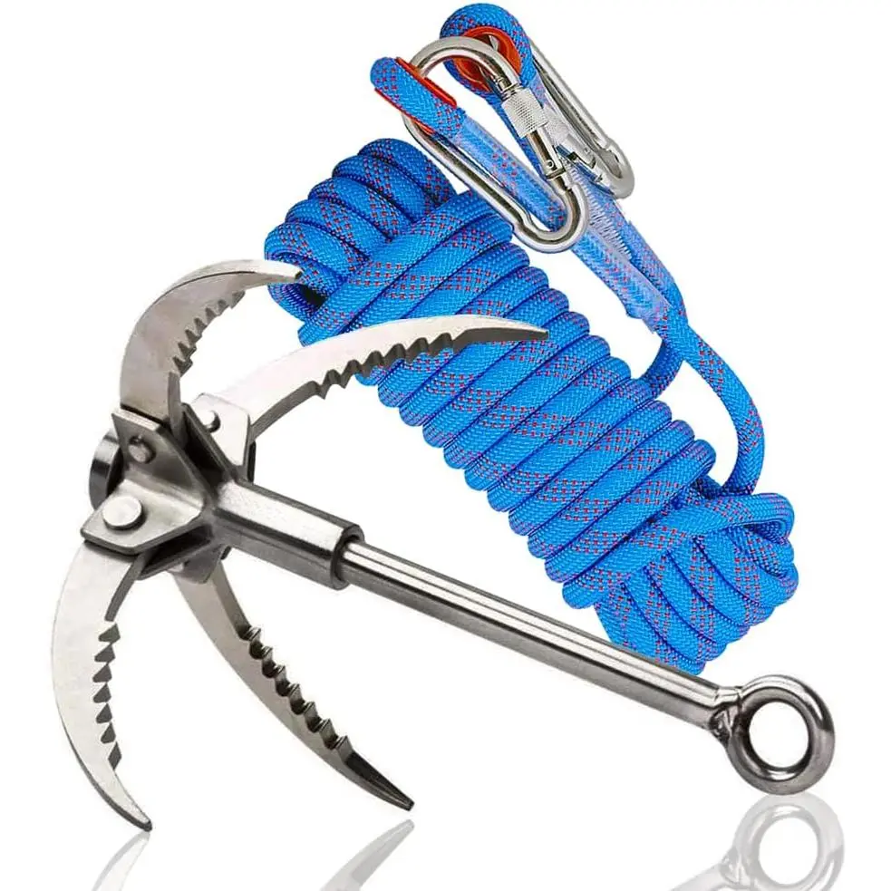 Grappling Hook with 10m Rope – Multifunctional Grapple Hook - 4 Stainless Steel Folding Claws - Heavy Duty - Outdoor Camping Hiking Tree Rock Mountain Climbing Equipment