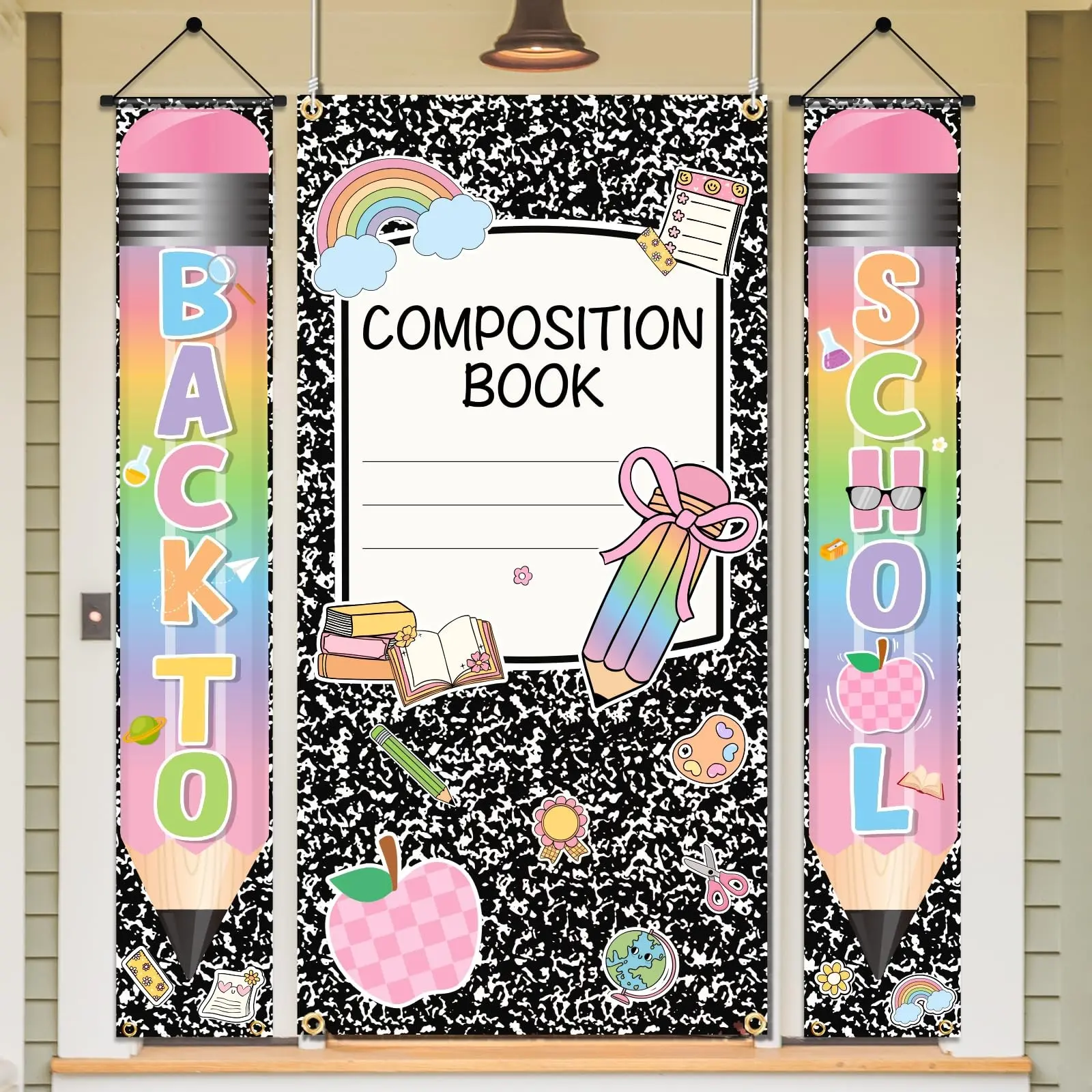 Classroom Door Banner Decor, Back-To-School Decoration, Pencil Hallway Banner, First Day of School Door Cover Decor, Essay Composition Notebook Theme