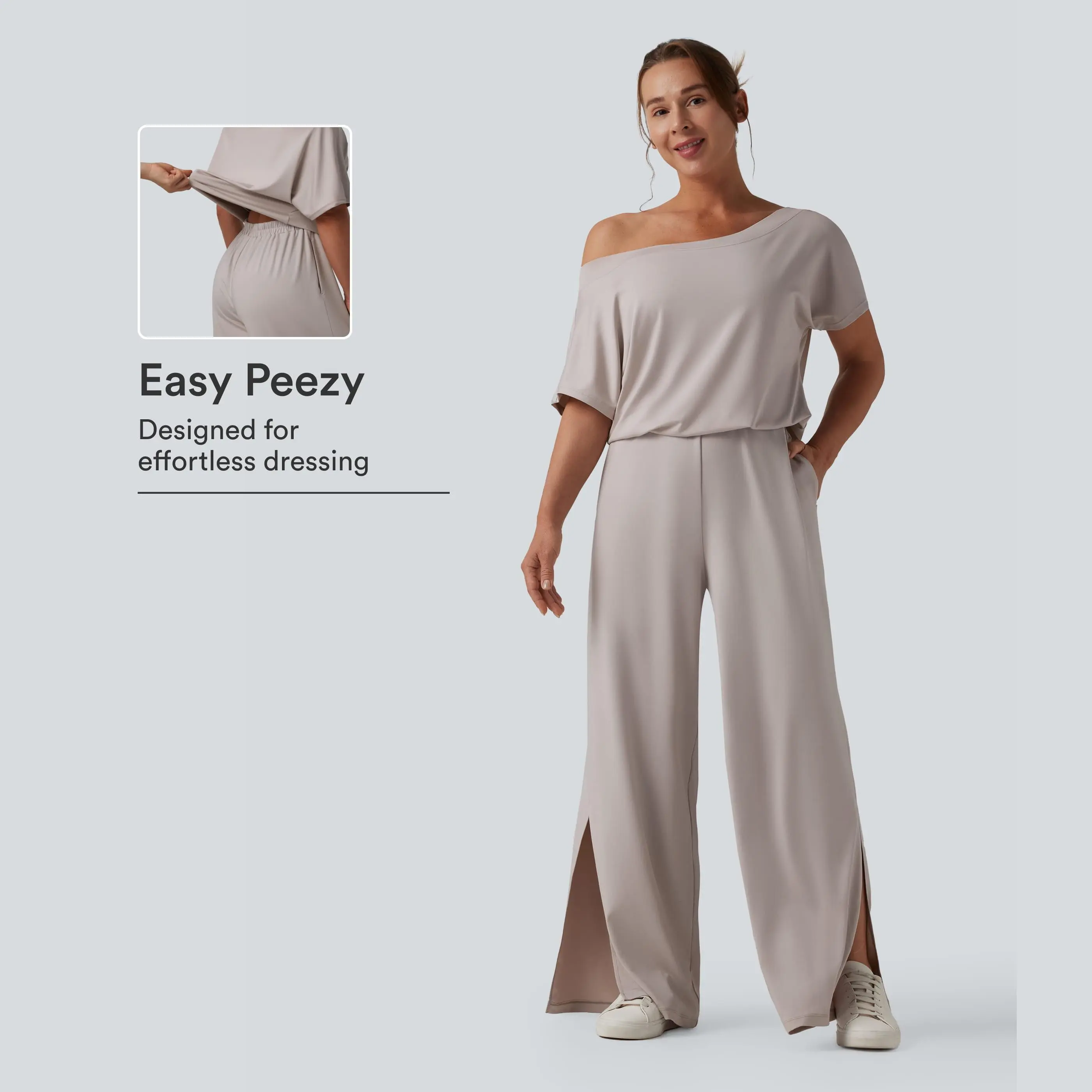 Halara One-shoulder Short Sleeve Split Hem Casual Jumpsuit with Pockets-Easy Peezy