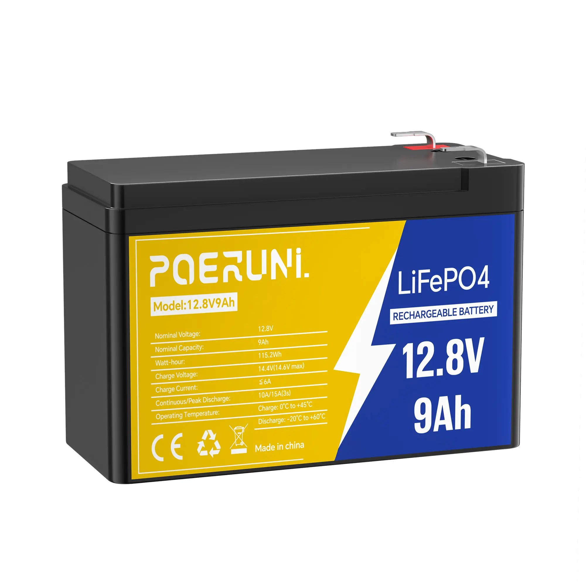 POERUNI 12V 9Ah LiFePO4 Deep Cycle Lithium Battery Reliable BMS Protection For Car Boat POERUNI 12V 9Ah LiFePO4 Deep Cycle Lithium Battery Reliable BMS Protection For Car Boat