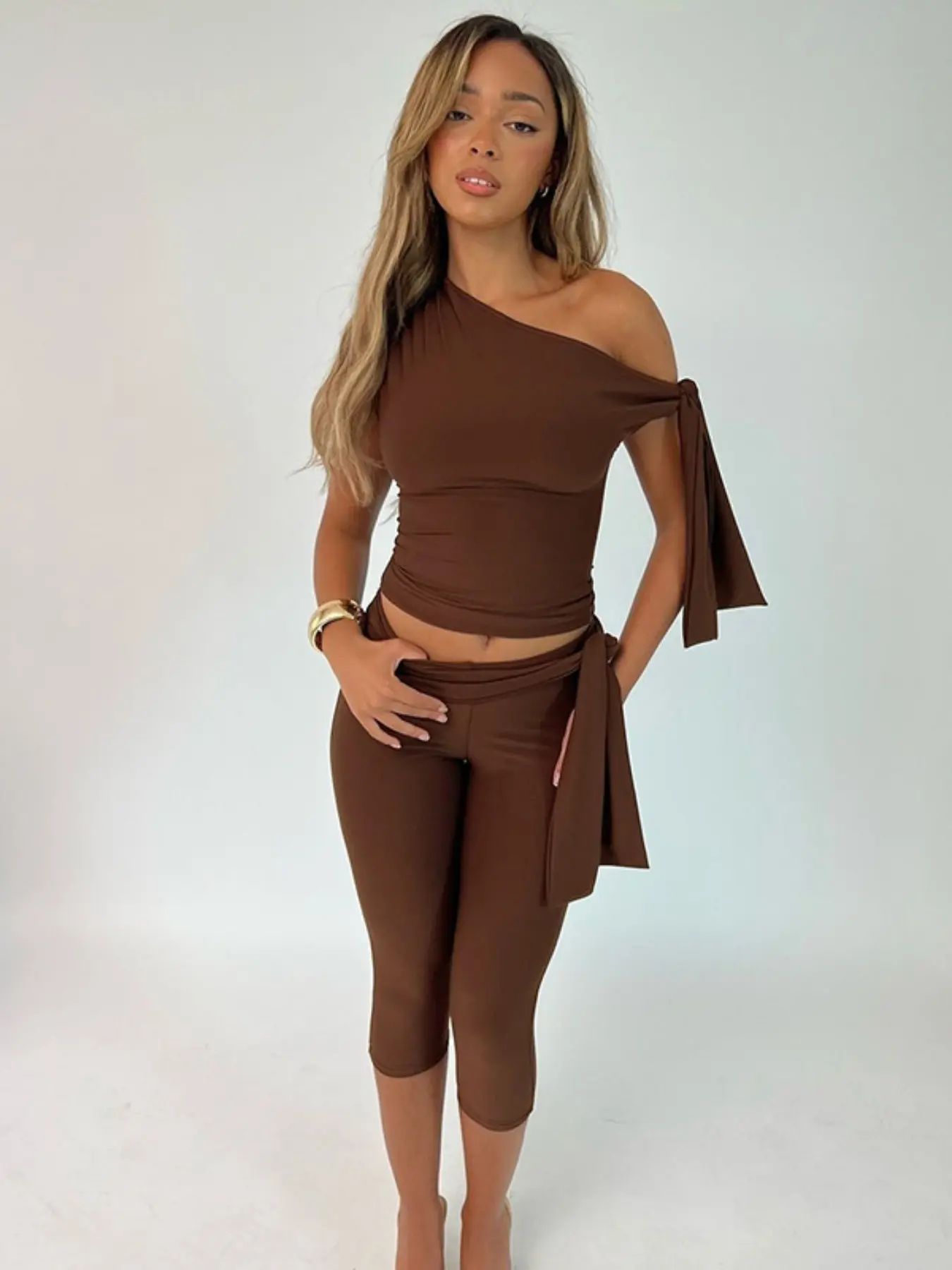 Women's Asymmetrical Neck Knot Top & High Waist Capri Pants Set, Elegant Ruched Top & Skinny Trousers, Daily Outdoor Wear