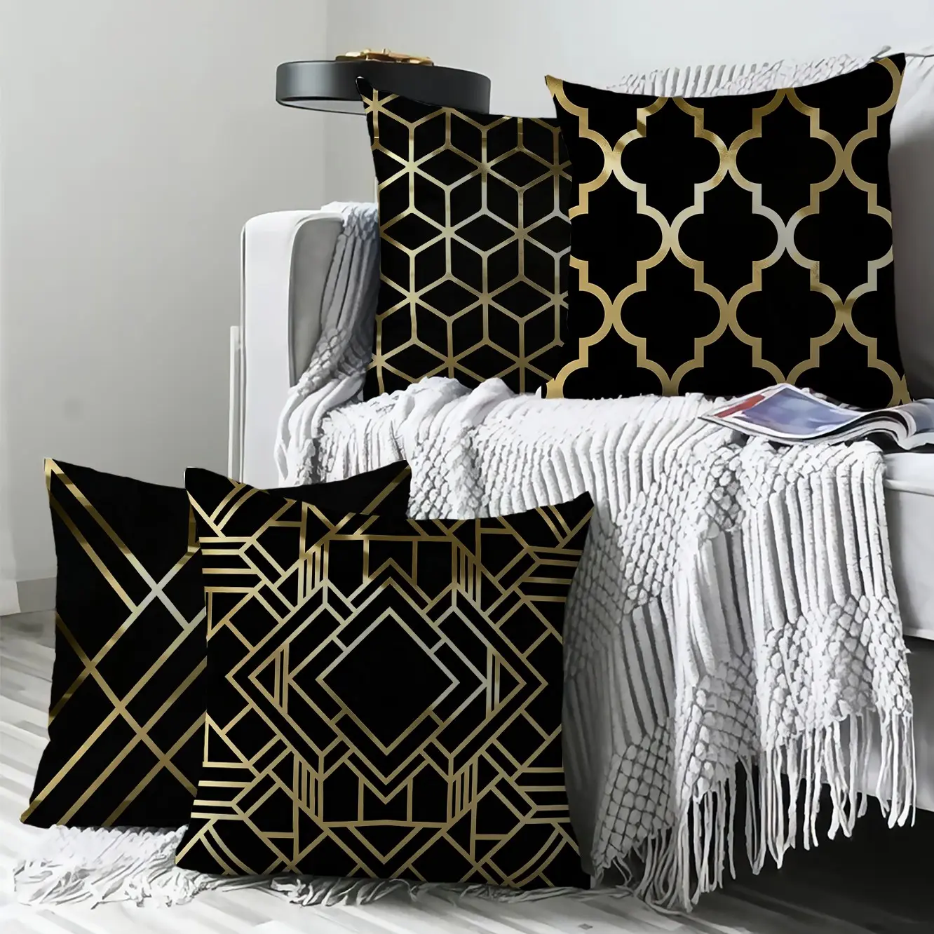 Elegant Base Lines Square Pillow Cover, Art Deco Vintage Geometric Pattern, Home Decor Sofa Backrest Pillow Case