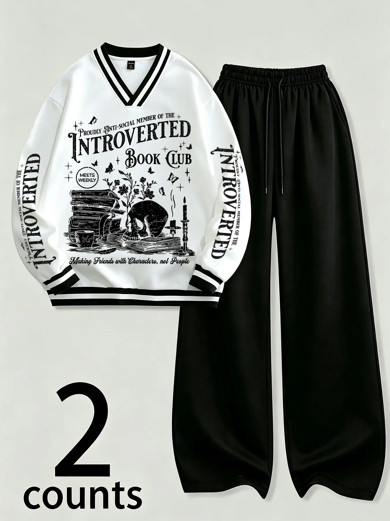 Women's 2-Piece Set V-Neck Baseball Sweatshirt Top and Wide-Leg Drawstring Pants, Gothic Style, Retro Skull Print, Casual Streetwear, All Seasons