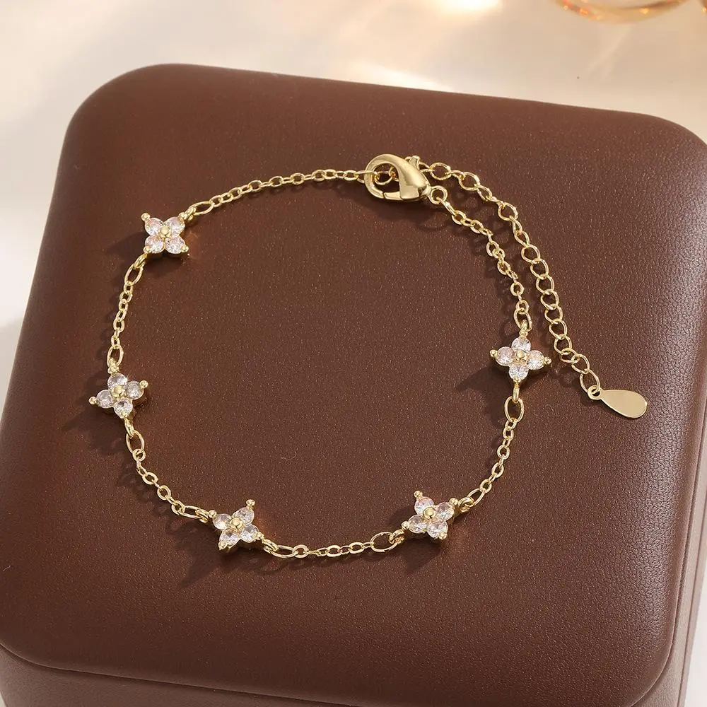 14K Gold Dainty Floral Bracelet - Adjustable Cubic Zirconia Everyday Chain, Quiet Luxury Minimalist Jewelry for Women
