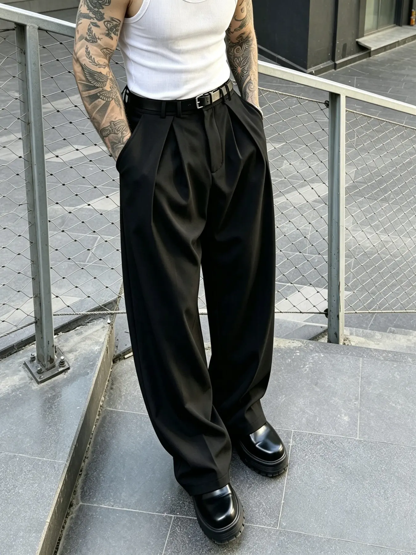 Men's Wide Leg Loose Pleated Suit Pants, High-End Drape Custom Long Trousers, Streetwear Fashion, Business Casual, All Seasons