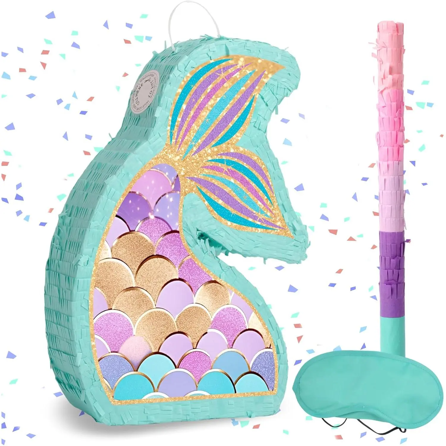 Mermaid Tail Pinata - Playful Child Party Accessory with Blindfold, Bat, 17x12x3 inches Size, for Happy Birthday Ocean Theme Games, All Seasons Girls’ Gifts