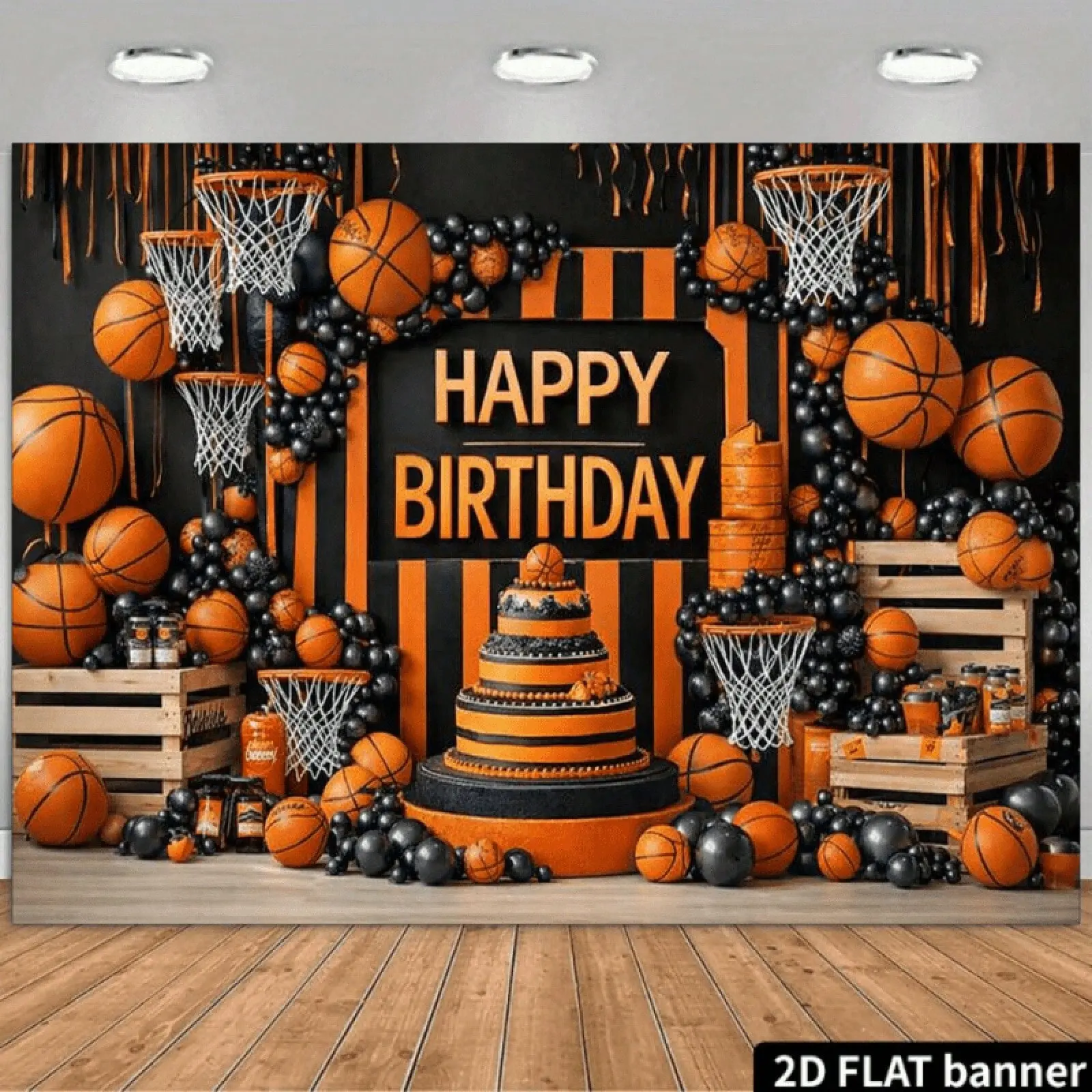 2D Flat Basketball-Themed Birthday Party Banner Backdrop, Sports-Style Birthday Theme Featuring Basketballs, Basketball Hoops, Black And Orange Balloons, Multi-Tiered Birthday Cakes, And Other Elements. Printed With "HAPPY BIRTHDAY" Text, Home & Room Déc