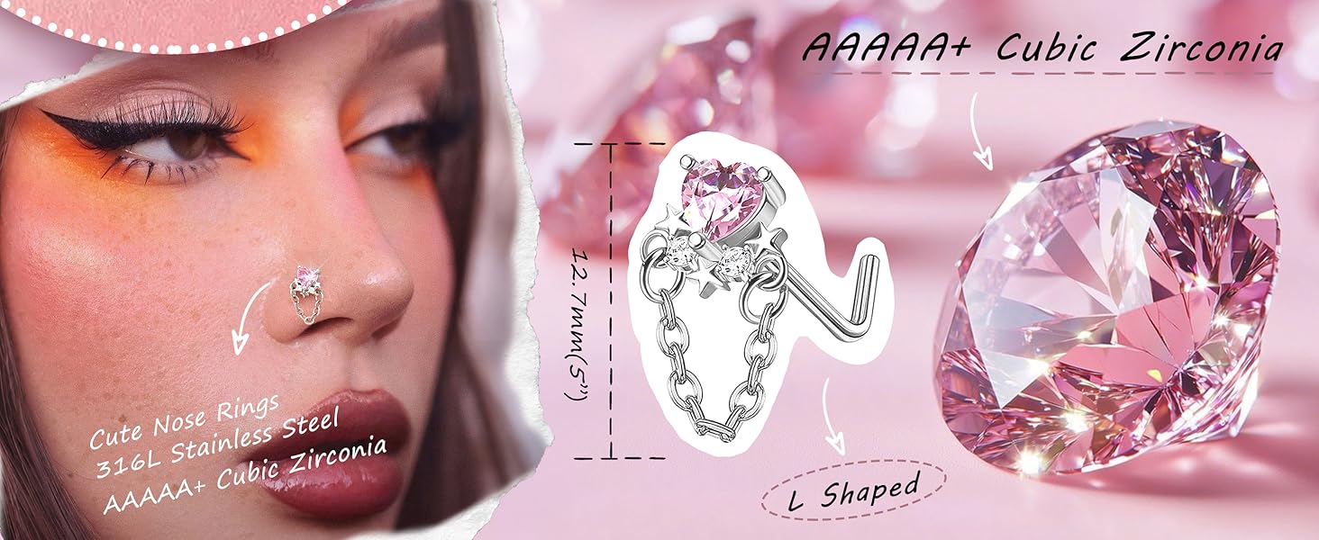 Fansilver 12PCS 20G Nose Rings Surgical Stainless Steel L Shaped Nose Studs for Women Men CZ Heart Butterfly Flower Leaf Moon Dangle Cute Nose Piercings Studs Screw Jewelry Pink
