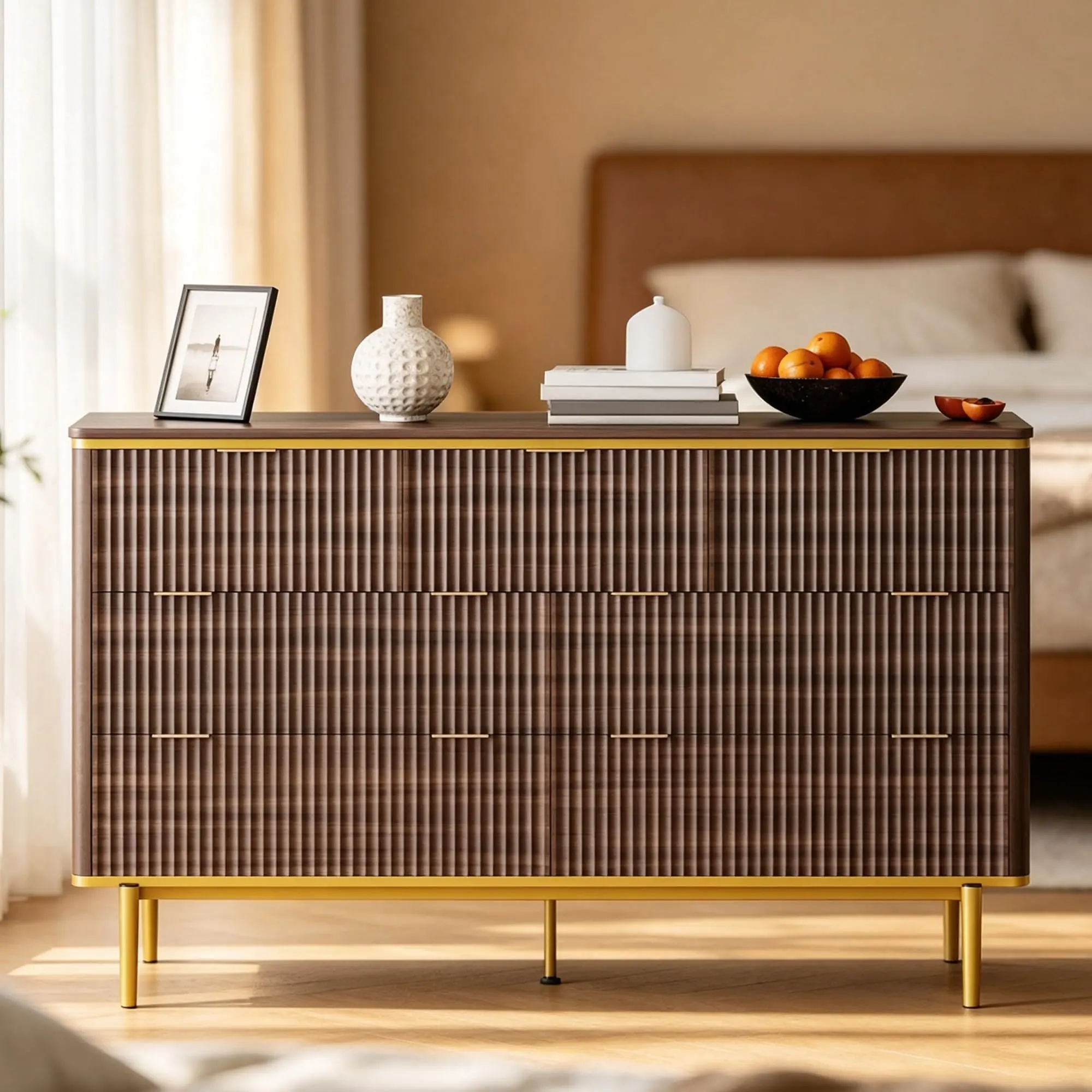 Garvee 7-Drawer Walnut Wood Dresser with Curved Design and Gold Metal Handles, 54in Wide Fluted Chest of Drawers for Bedroom and Living Room Storage