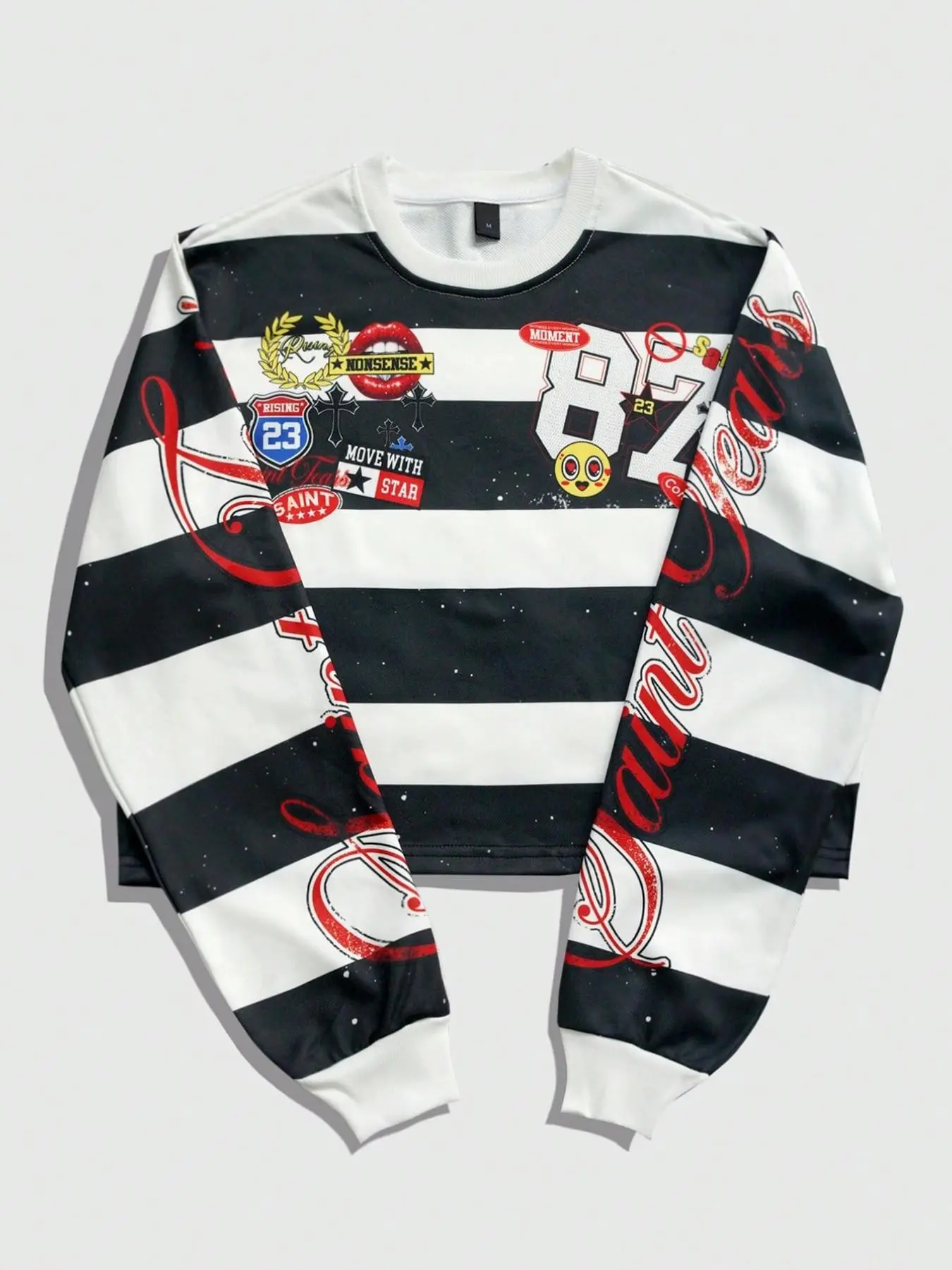 American-style retro long-sleeve crewneck featuring an all-over striped print and an oversized, high-street fit; designed with the number "87," it is perfect for sports and a must-have for street-style enthusiasts.