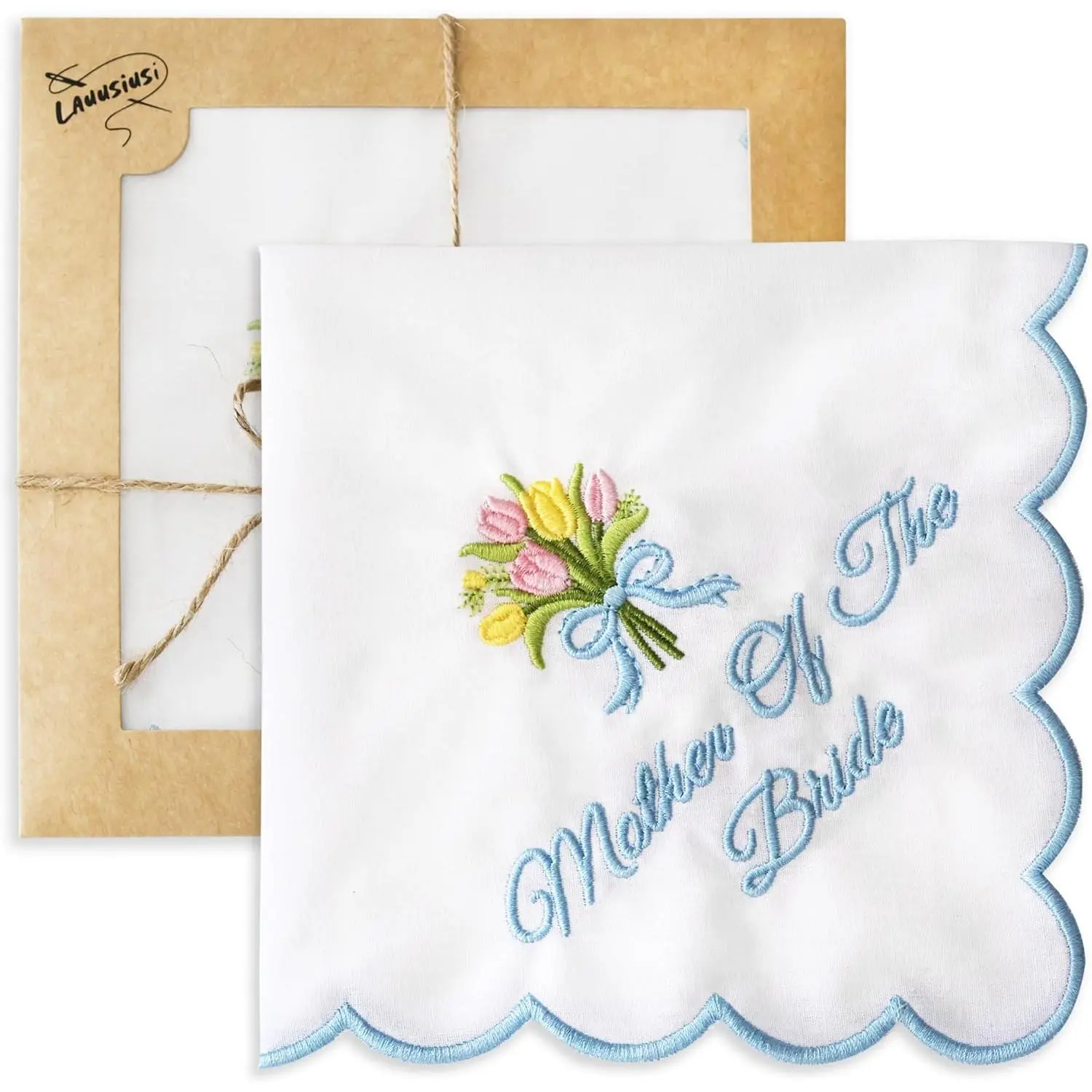 Embroidered Wedding Handkerchief, 11"x11" Standard Square Fabric Hankie, Something Blue Detail, Gift for Bride's Parents, Unisex Bridal Event Accessory, No