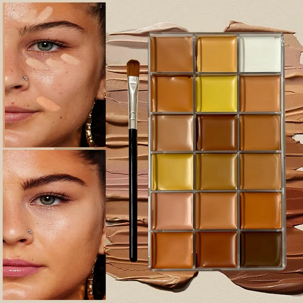 18-Color Matte Concealer Palette 🎨 DIY Color-Correcting & Contouring Kit! Full-Coverage Cream Face Sculpting, Water-Resistant & Long-Lasting – Buildable Coverage, Includes Brush! 3-in-1 Conceal + Contour + Highlight – Your All-in-One Makeup Hero!