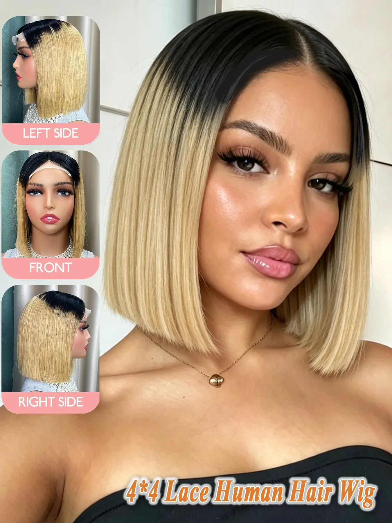10 Inch Human Hair Straight Bob Wig, Fashion Color with a Classic Blunt Cut, 4x4 Lace Closure and Natural Middle Part, Silky Smooth Texture, Lightweight Design for Comfortable Wear by Women, Hair Wigs