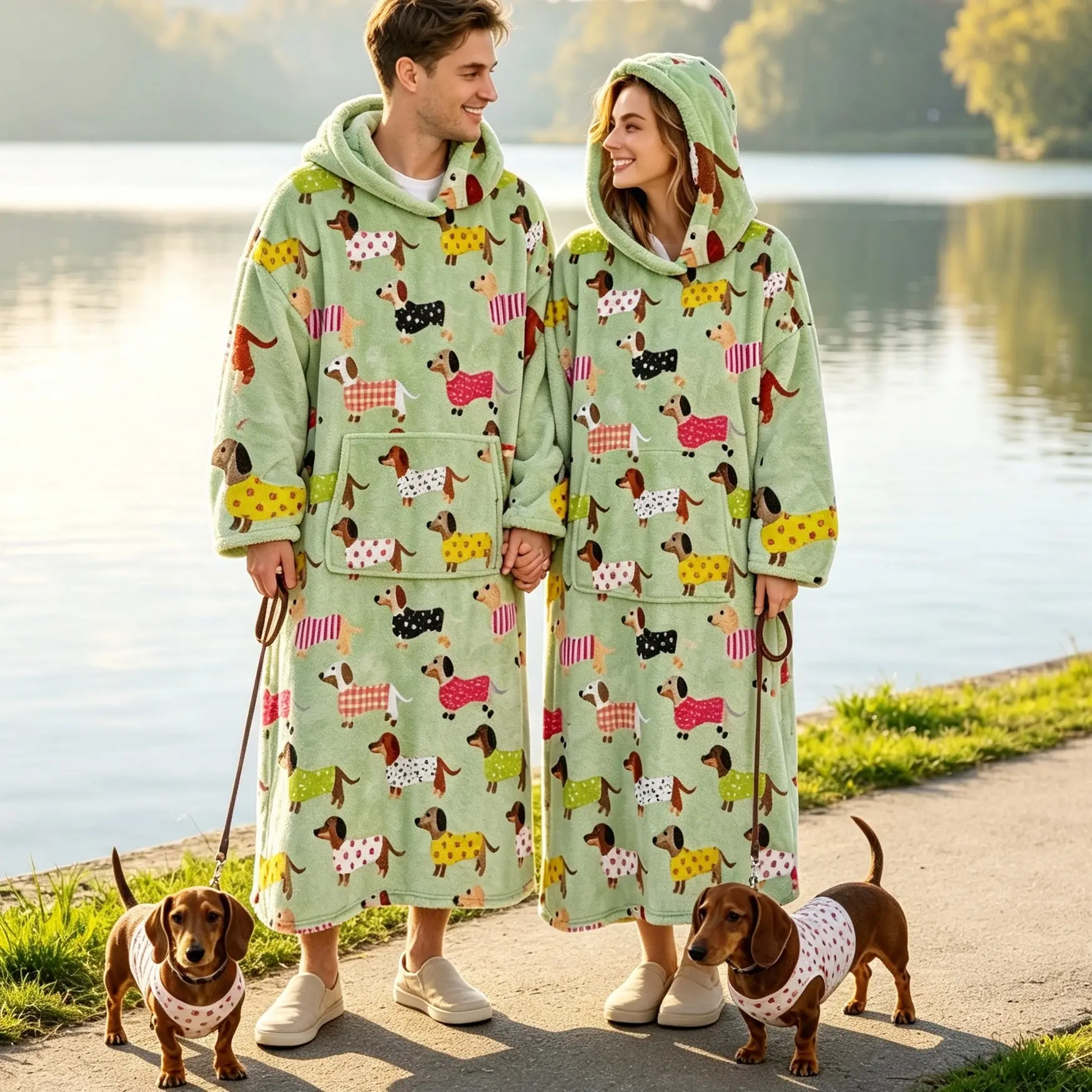 Adult Wearable Blanket Hoodie, Extra Large Cute Weiner Dog Print, Soft Flannel Material, Warm and Comfortable, Unisex with Big Pockets, Hooded Wearable Blanket