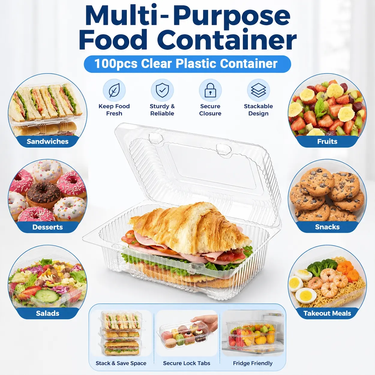 100pcs Disposable Clear Food Containers with Lids, Hinged Clamshell Takeout Boxes with Secure Snap Closure, Stackable Transparent Packaging for Cakes, Donuts, Cookies, Sandwiches, Salads, Fruit, Desserts, Bakery, Catering and Meal Prep Use