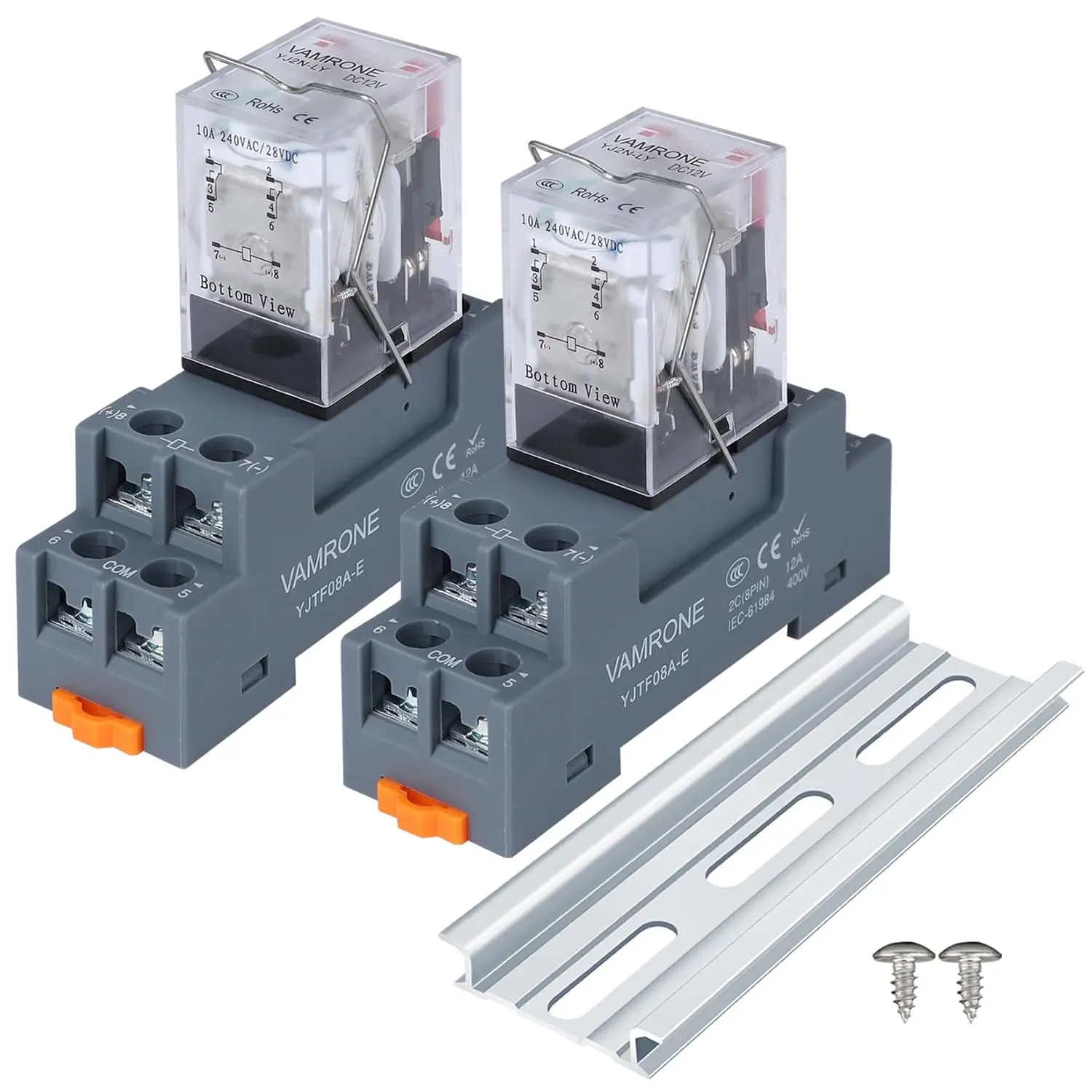 2PCS Electromagnetic Power Relay, 8-Pin 10A 12 DC Relay Coil with Socket Base, LED Indicator, DPDT 2NO 2NC - 2PCS [Applicable for DIN Rail System]
