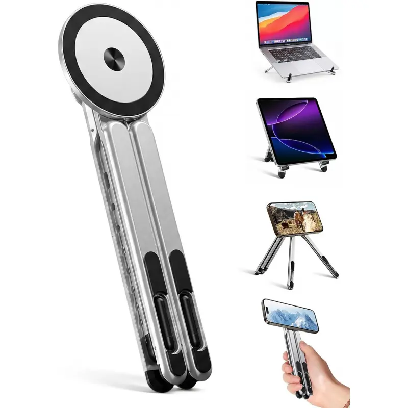 4-in-1 Foldable Laptop Stand & Magnetic Phone Mount, Silver Aerospace Aluminum Portable Desk Accessory with MagSafe-Compatible Tripod Handle for Mobile iPhone, MacBook Pro, iPad, Travel & Vlogging, Accessories,back to school,back to school haul