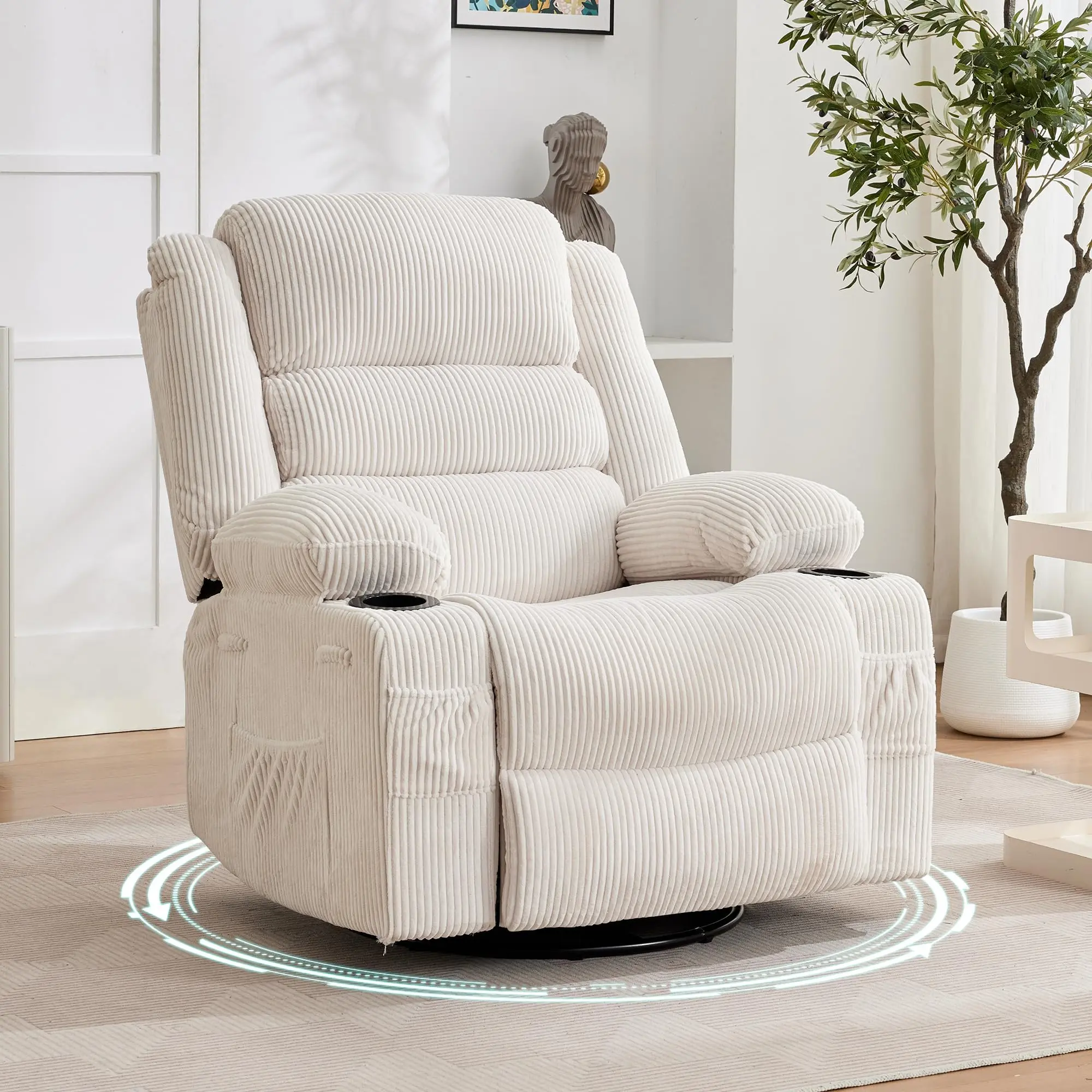 Swivel Rocking Recliner Chair for Adults – 360° Rotating Comfy Single Sofa with Cup Holder & Side Pockets, Deep Seat Armchair for Living Room Bedroom Nursery