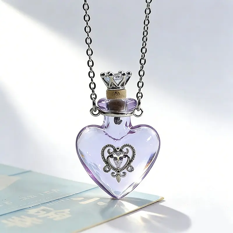 Heart-Shaped Crystal Bottle Necklace - Rose Quartz Amethyst Essential Oil Dried Flower Spiritual Amulet, Crystal Healing Jewelry, Self-Love Healing Gift for Women, Healing Crystal Necklaces
