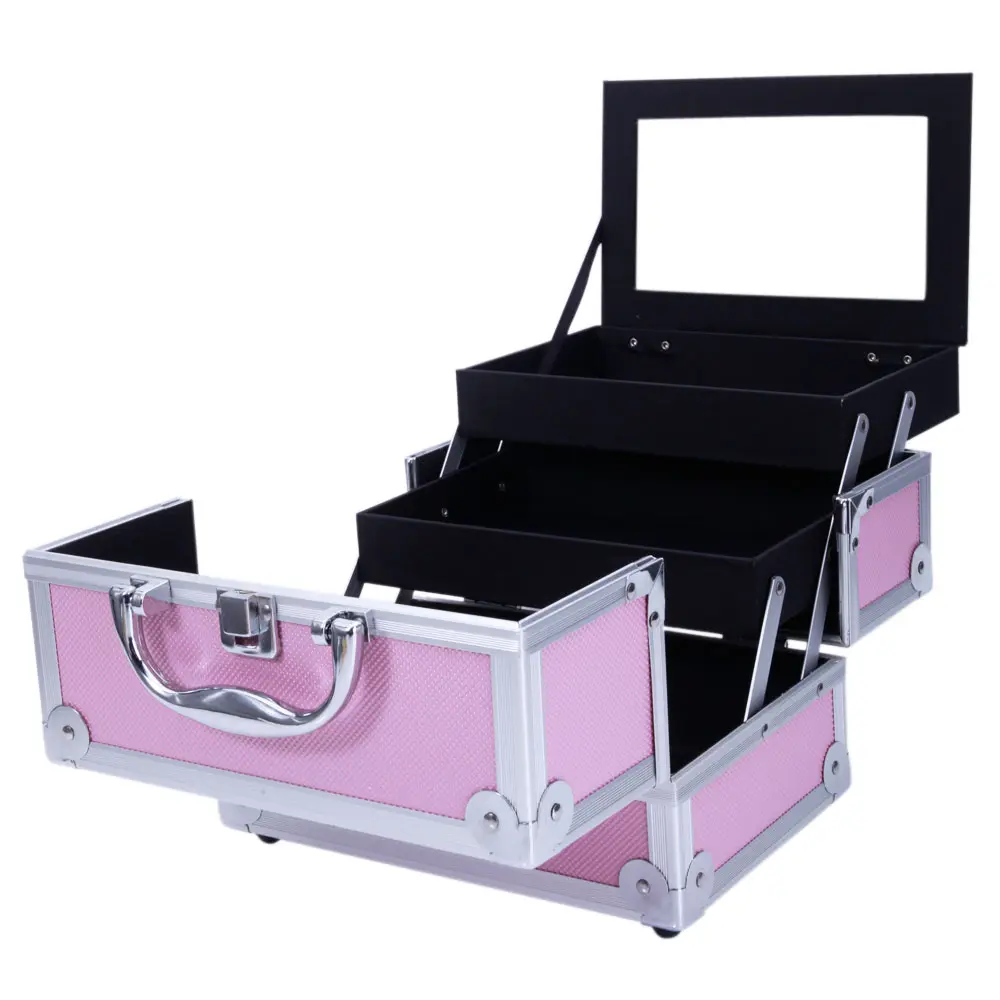 SM-2176 Aluminium Cosmetic Organiser - Makeup Storage Organizer, All-in-1 Cosmetic Organisers, Aluminum Jewelry Box with Mirror, 9"x6"x6" Pink Home Storage Bin, Aluminium Cosmetic Organisers