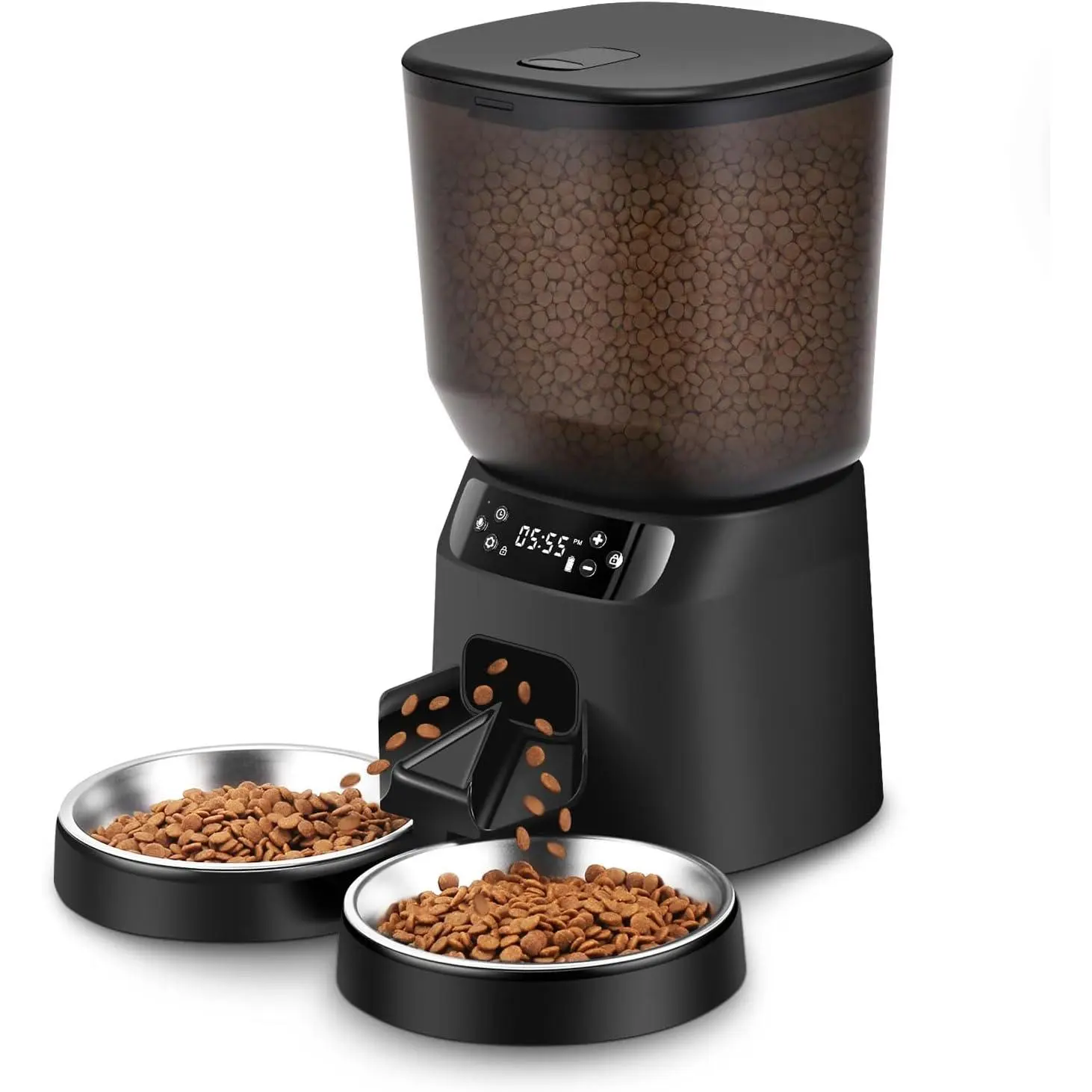 Automatic  Feeders for Two Cats, 5L/20 Cups Double Automatic   Dispenser with 2 Stainless Bowls, Timer Setting 20 Portions 6 Meals Per Day, 10s Meal Call (Black)