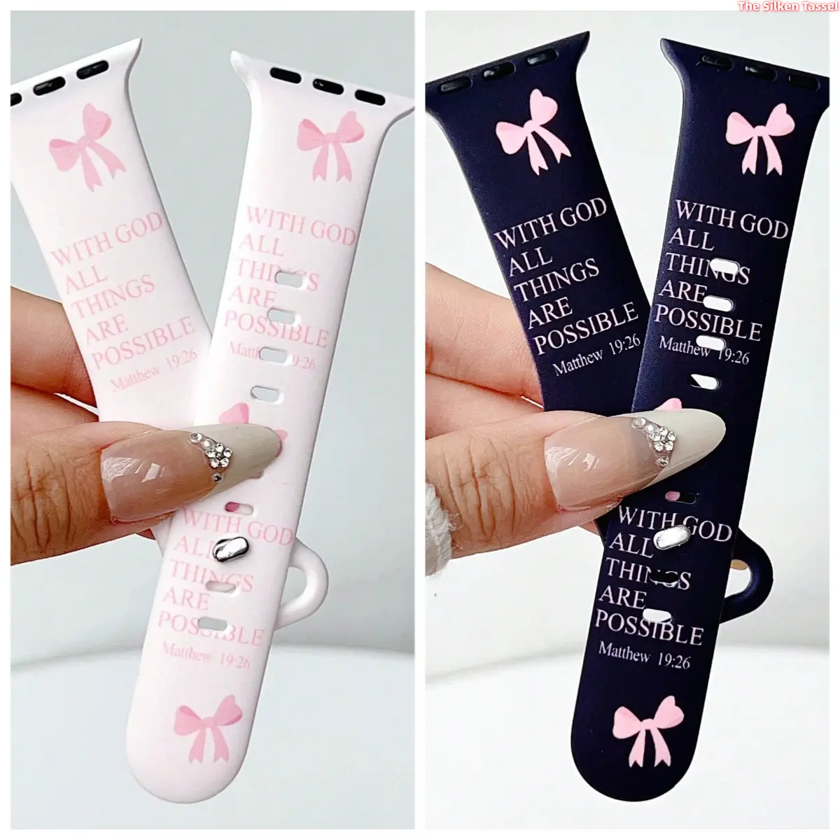 2 Pack Coquette Pink Bow Bible Verse Silicone Watch Bands Compatible With Apple Watch "With God All Things Are Possible" Soft Sport Replacement Straps iWatch Wristband Set Christian Religious Gift For Women