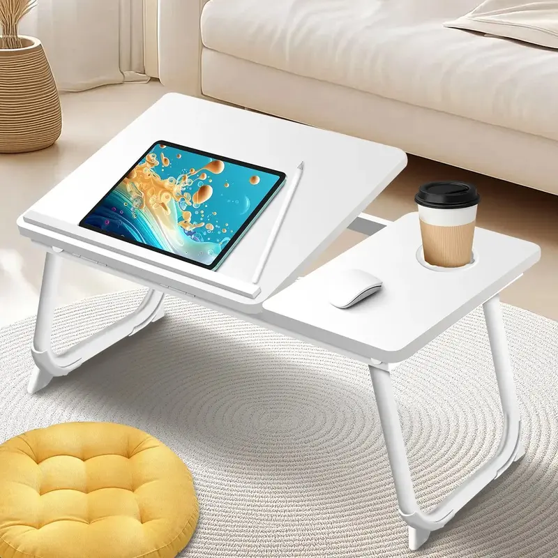 1pc Sturdy Adjustable Height Foldable Table - Multifunctional Portable Desk with Cup Holder - For Home Office, Study And Reading # Summervibes,homeessentials