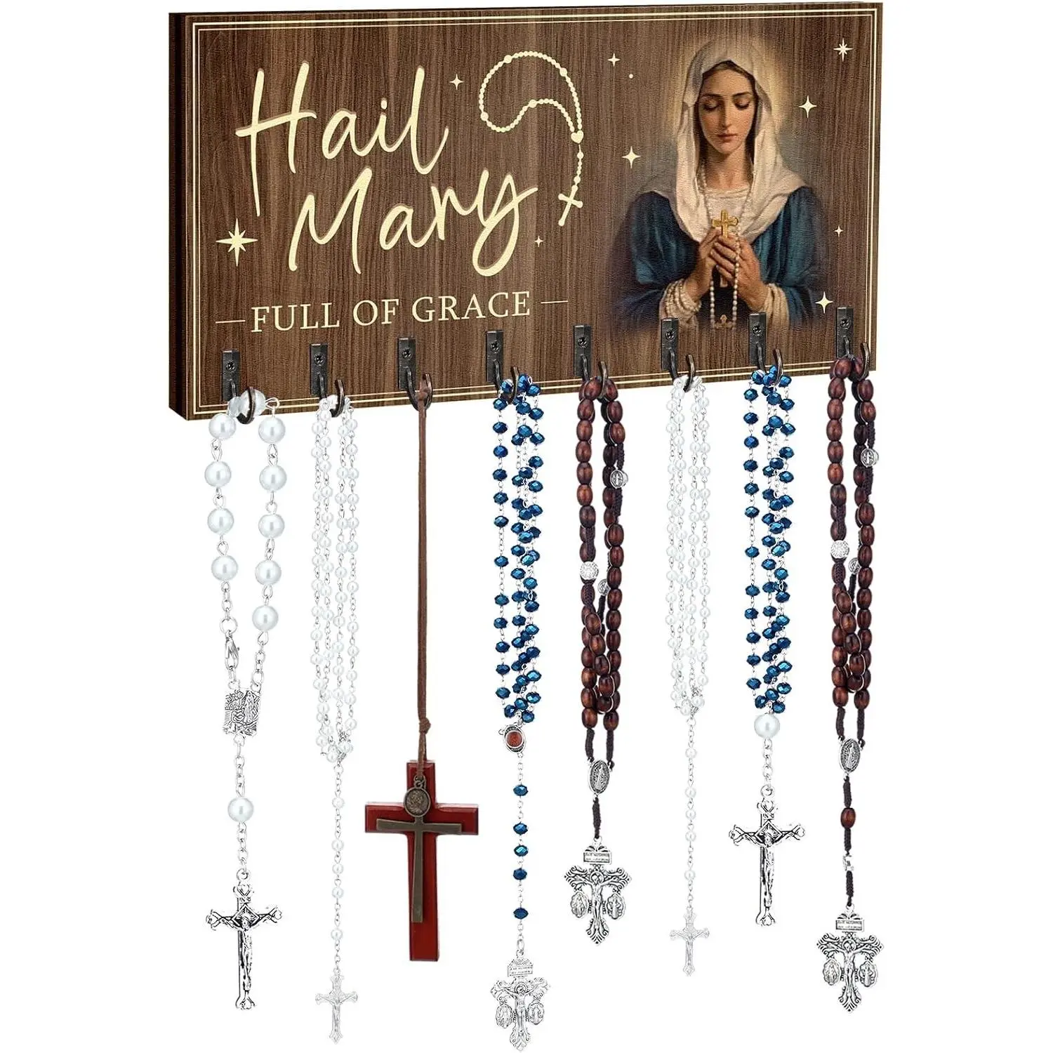 Large Wall Mounted Rosary Holder 8 Hanger Storage - Classic Rosary Storage Organizer, Decorative Hanger Holder for Necklace Bracelet Prayer Storage, Ideal for Bedroom Decor