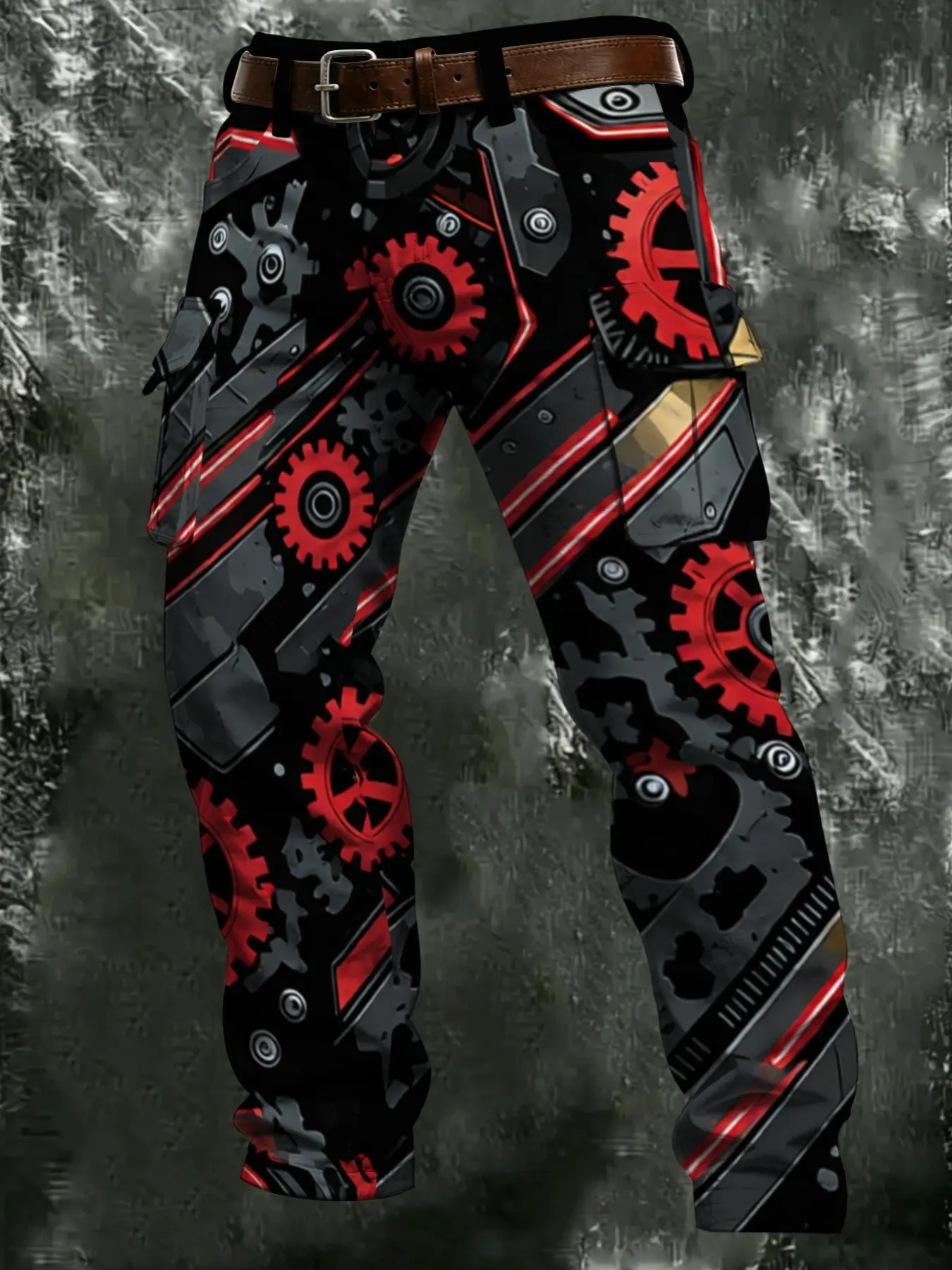 Heavy-Duty Mechanic Casual Pants, Work Pocket Seamless Design, Gear Print, Industrial Style, Men's Long Trousers