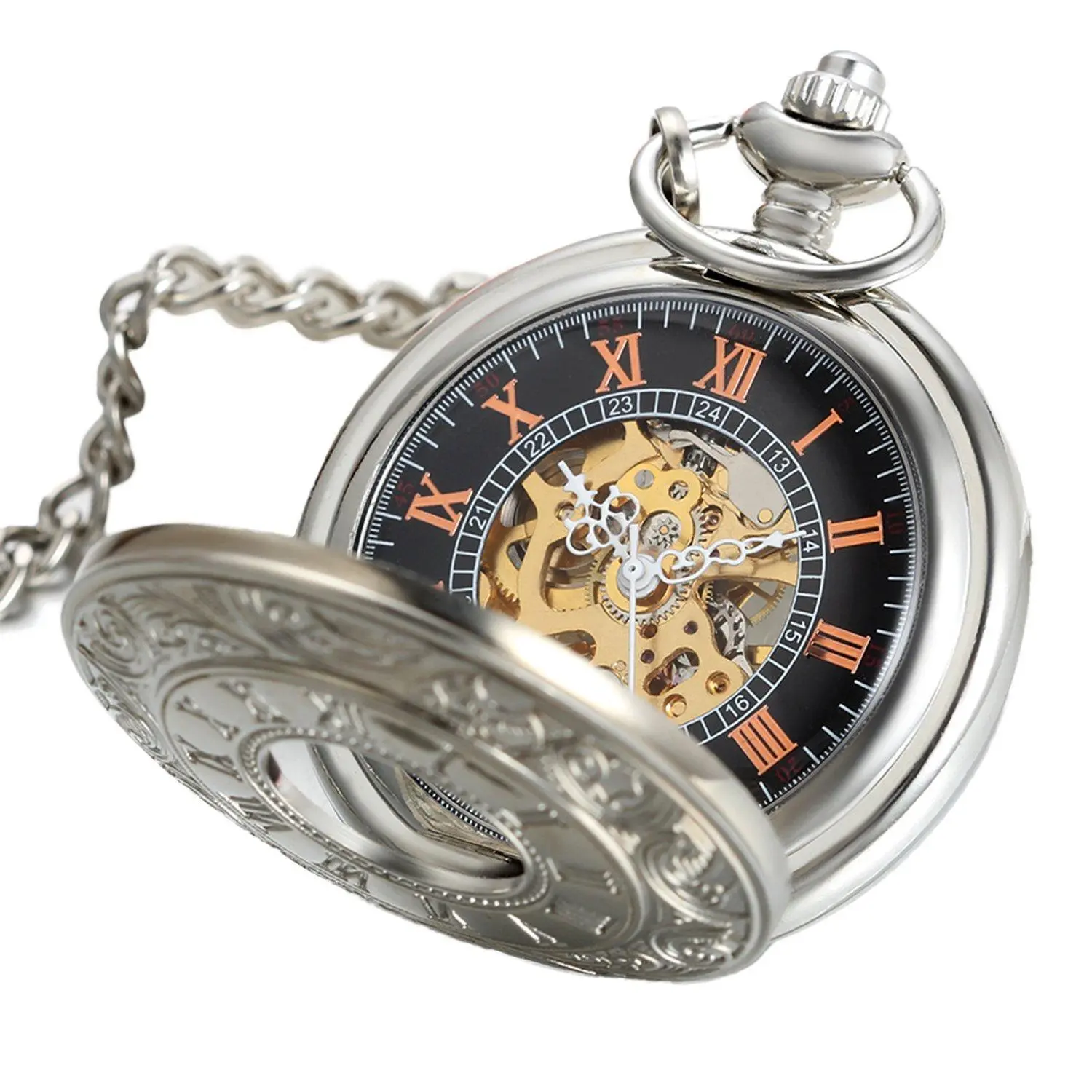 Men's Manual Pocket Watch, Vintage Skeleton Design with Roman Numerals, Hand Winding Mechanical, Silver Tone Case with Sweater Chain, 12 Hours Display, Manual Pocket & Fob Watches, Skeleton Watch Pocket & Fob Watches